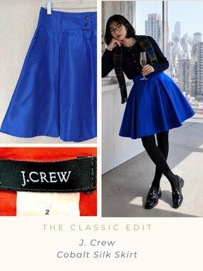 J.Crew 100% Silk Flared Skirt | Cobalt Blue Pleated A-Line Midi | Fully Lined